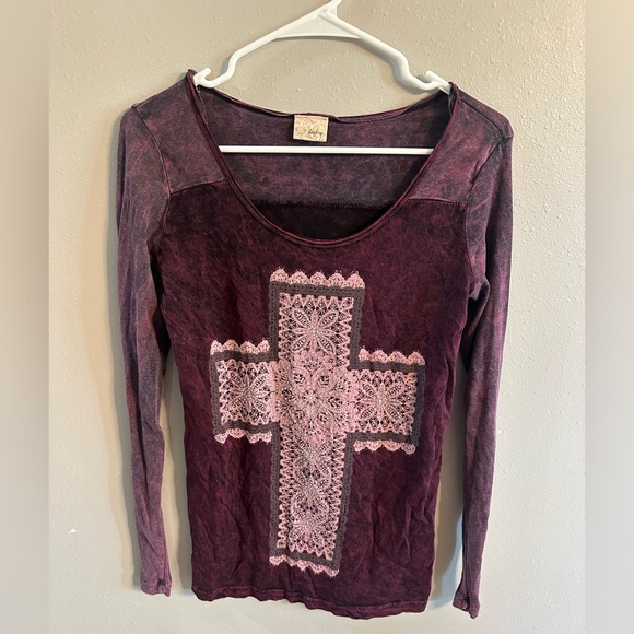 Day trip Purple Long Sleeve Top with Lace Cross Design - Picture 1 of 5